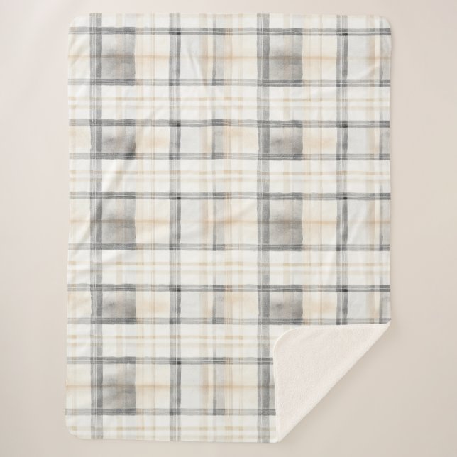 Manta Sherpa Cuadros Gris Crema Amarillo Rayas (Anverso)