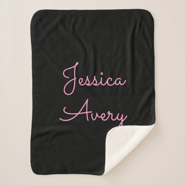 Manta Sherpa Cualquier nombre | Guay Editable Pink Script on Bl (Anverso)