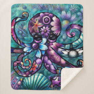 Manta Sherpa Cuenca azul púrpura del pulpo floral Verde azulado
