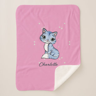 Manta Sherpa Cuidar gato azul en nombre personalizado rosa