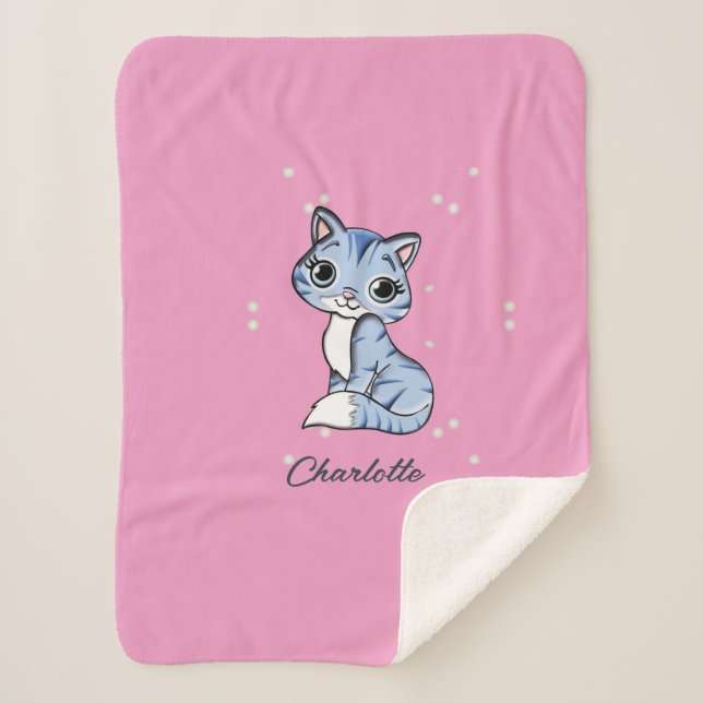 Manta Sherpa Cuidar gato azul en nombre personalizado rosa (Anverso)