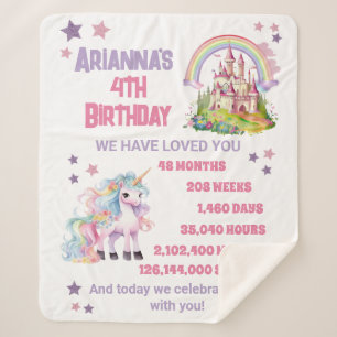 Manta Sherpa Cumpleaños de 4 años de niña Castillo Unicornio