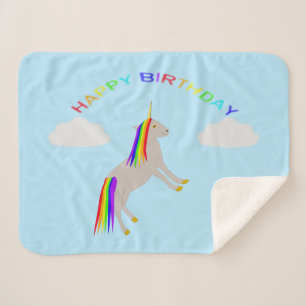Manta Sherpa Cumpleaños de Fantasía Unicornio Arcoíris y Nubes