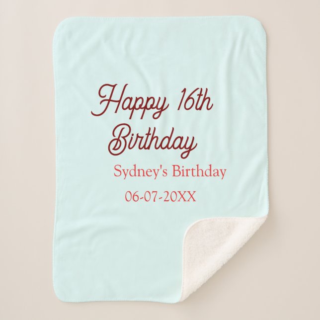 Manta Sherpa Cumpleaños feliz 16 pastel azul rojo nombre fecha  (Anverso)