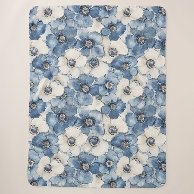 Manta Sherpa Cumpleaños Flores de Mezclilla Blancas Azules (Anverso)