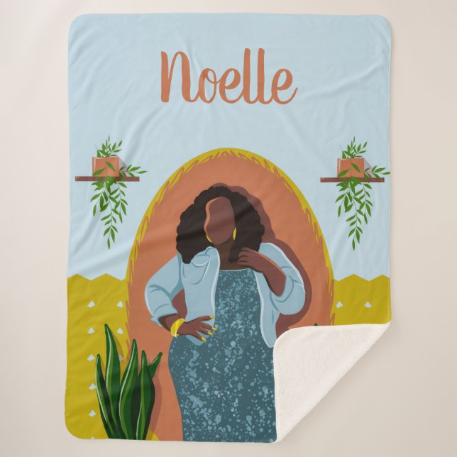 Manta Sherpa Curva, mujer negra, plantas domésticas, mostaza y  (Anverso)