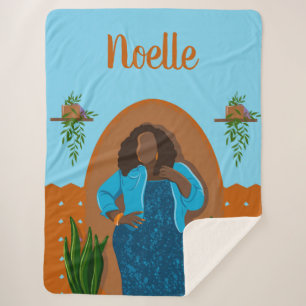 Manta Sherpa Curva, mujer negra, plantas domésticas, Naranja y