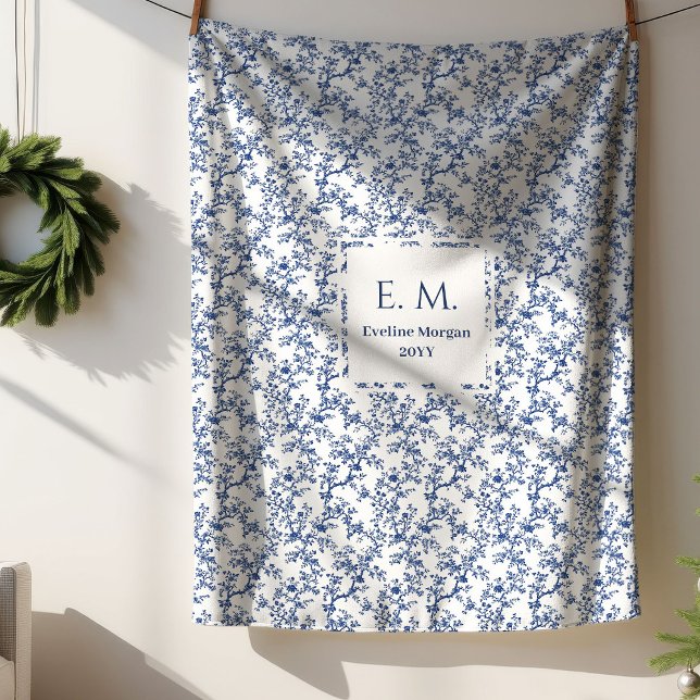 Manta Sherpa Custom Name Dusty Blue Toile Floral Cozy Blanket (Custom Name Dusty Blue Toile Floral Cozy Blanket)