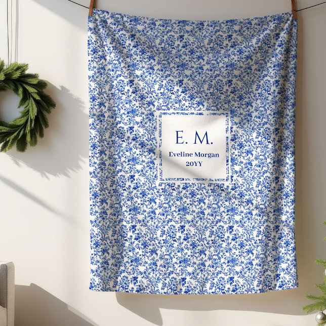Manta Sherpa Custom Name French Toile Blue Blanket for Her (Custom Name French Toile Blue Blanket for Her)