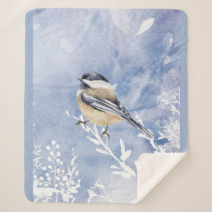 Manta Sherpa Cute acuarela Chickadee Bird Invierno Frost Blue