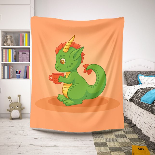 Manta Sherpa Cute Baby Dragon Holding Cup on Orange (Subido por el creador)