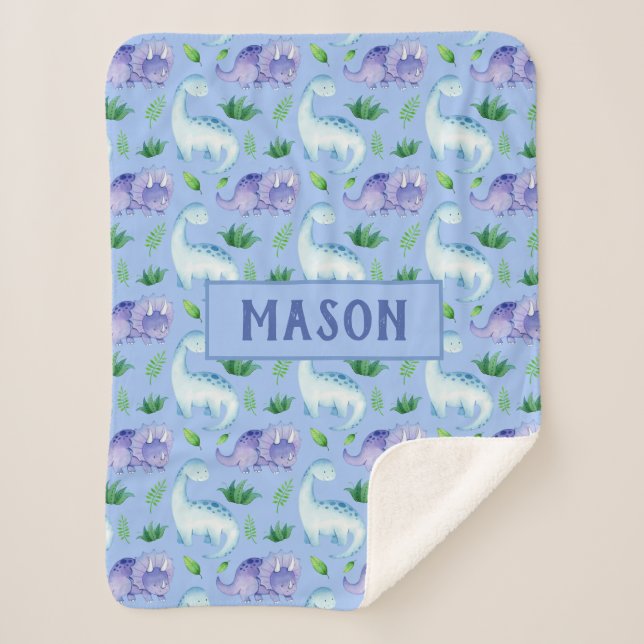 Manta Sherpa Cute bebé niño acuarela Dinosaurio personalizado (Anverso)