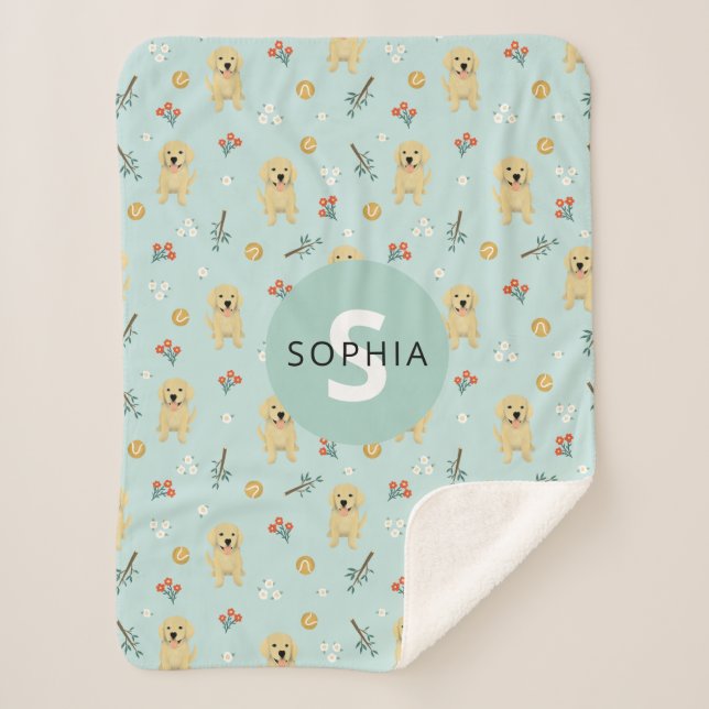 Manta Sherpa Cute Blue Golden Retriever Dog Monogram Kids (Anverso)