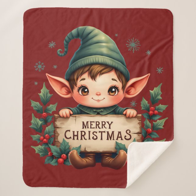 Manta Sherpa Cute Christmas Elf Holding Merry Sign Red (Anverso)