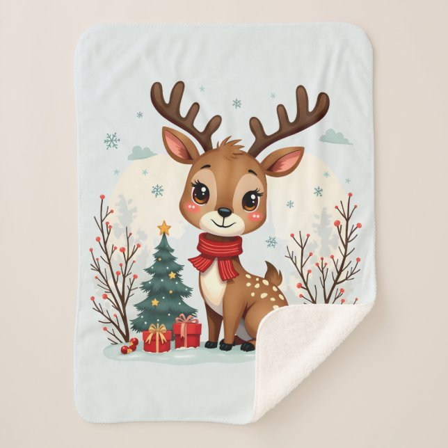 Manta Sherpa Cute Christmas Reindeer Scene Snowy Forest (Anverso)