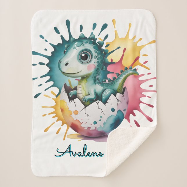 Manta Sherpa Cute Dinosaur with Watercolor Splash Baby Shower (Anverso)