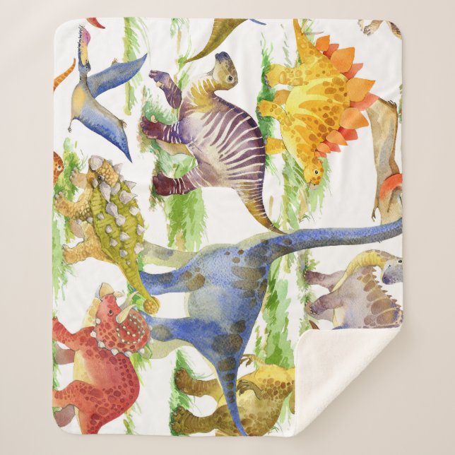 Manta Sherpa Cute Dinosaurios Acuarela Arte Sin Marea (Anverso)