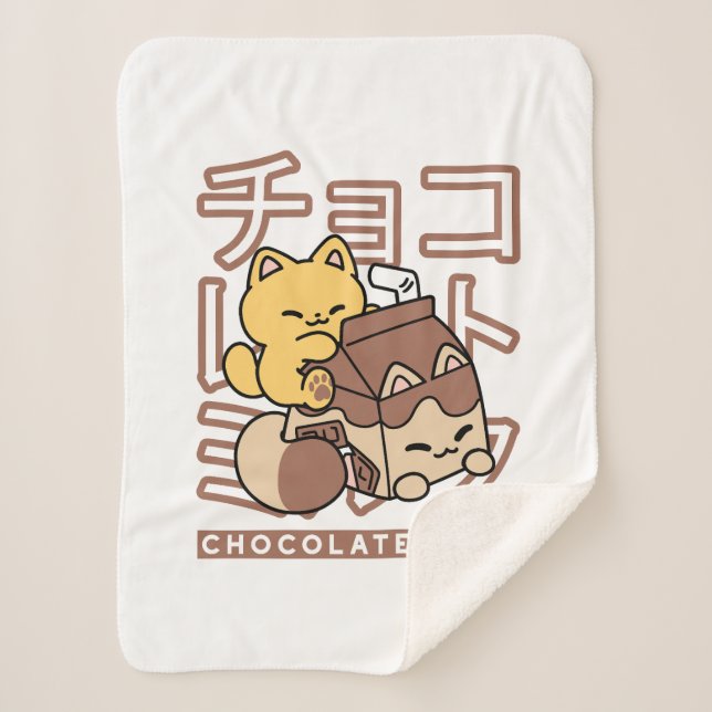 Manta Sherpa Cute gato montando leche de chocolate Carton Kawai (Anverso)