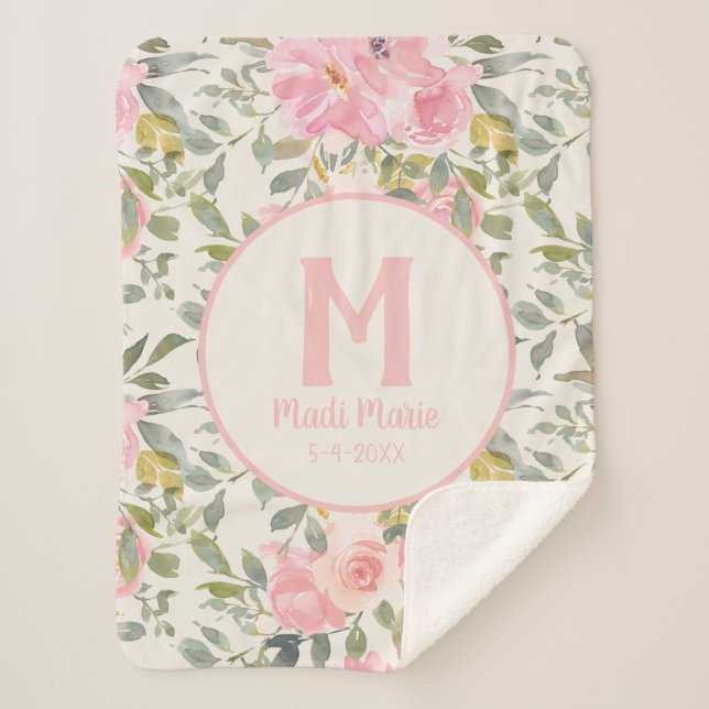 Manta Sherpa Cute Girona Rosa Floral Salto Verde Monograma (Anverso)