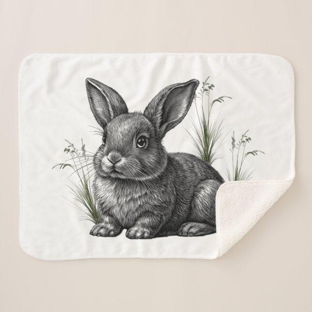 Manta Sherpa Cute Gray Rabbit Among the Grass (Anverso (horizontal))