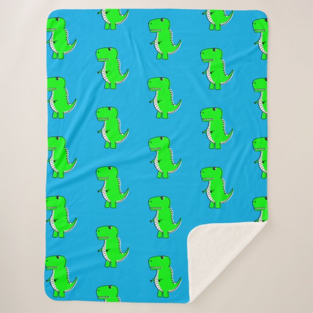 Manta Sherpa Cute Green Dino T-Rex En Azul (Anverso)