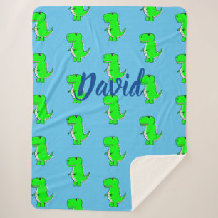 Manta Sherpa Cute Green Dino T-Rex En Una Masa De Sherpa Azul