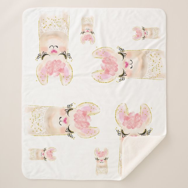 Manta Sherpa Cute Llama Watercolor Sherpa Blanket (Anverso)