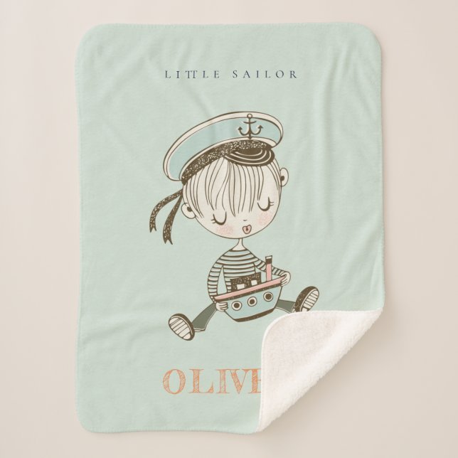 Manta Sherpa Cute moderno Aqua Blue Boys Pequeño marinero Náuti (Anverso)