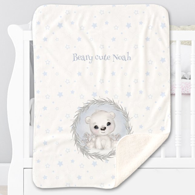 Manta Sherpa Cute Polar Bear Boy Nombre Invierno Blanco cálido  (Cute Polar Bear Boy Name Winter Warm White Blue Sherpa Blanket)