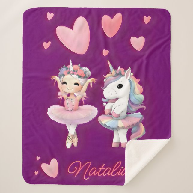 Manta Sherpa Cute Purple Ballerina Unicorn Fleece Blanket (Anverso)