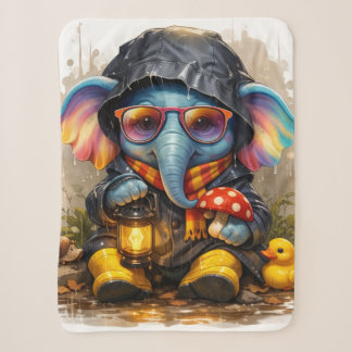 Manta Sherpa Cute Rainy Day Elephant Cartoon Cozy Throw Blanket