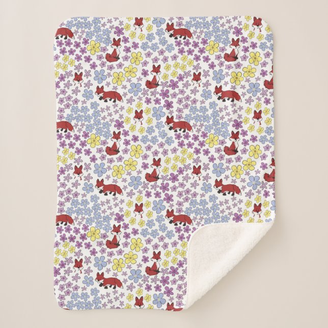 Manta Sherpa Cute Red Fox Colorful Wildflowers Kids (Anverso)