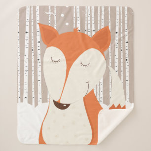 Manta Sherpa Cute Red Fox Woodland Birch Trees