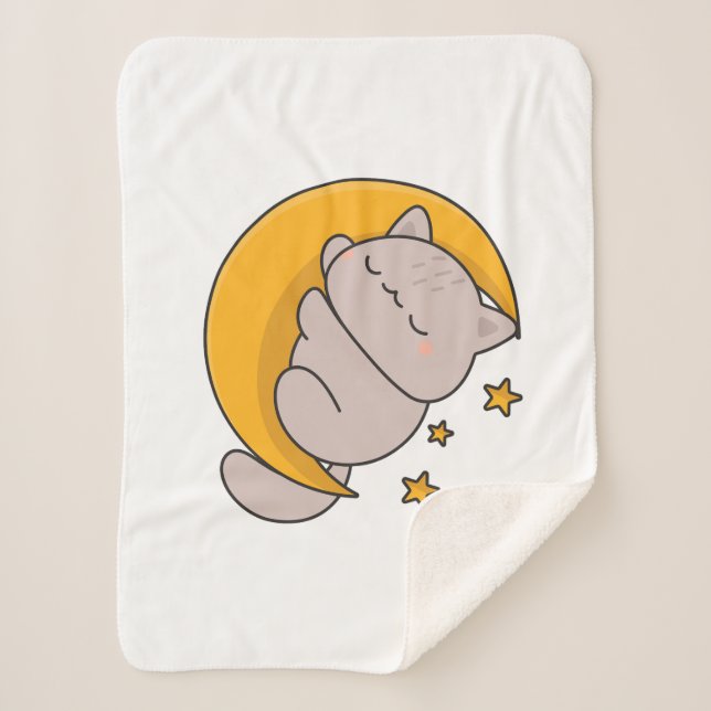 Manta Sherpa Cute Sleeping Cat on Crescent Moon (Anverso)