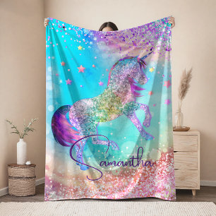 Manta Sherpa Cute unicornio rosa Glitter arcoíris aqua monogram