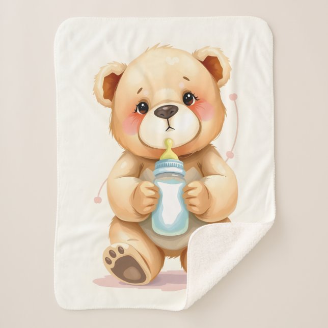 Manta Sherpa Cute Watercolor Baby Teddy Bear Illustration  (Anverso)