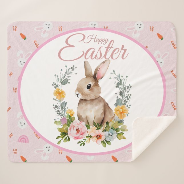 Manta Sherpa Cute Watercolor Bunny Floral Wreath Easter (Anverso (horizontal))