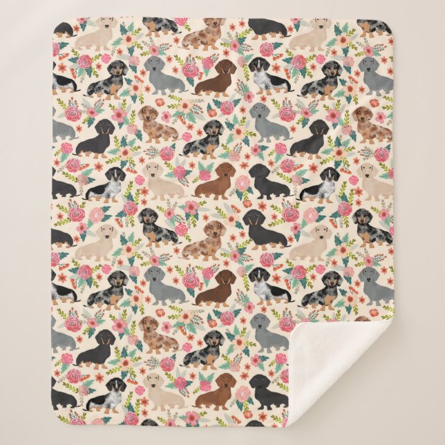 Manta Sherpa dachshund perros florales crema vintada floral (Anverso)