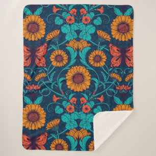 Manta Sherpa Daisias de Art Nouveau en azul y amarillo