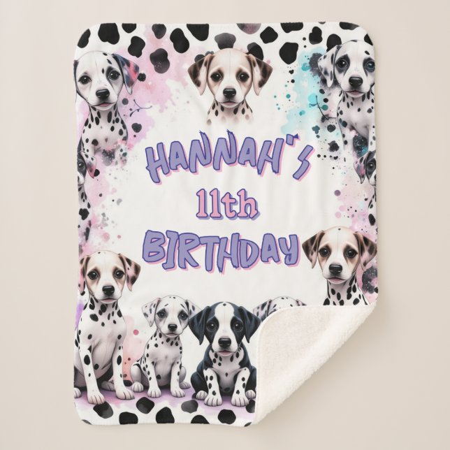 Manta Sherpa Dalmatian Dogs Purple Watercolor Birthday Party (Anverso)
