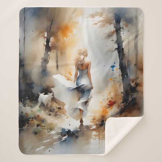 Manta Sherpa Dama Caminando Por Un Bosque (Anverso)