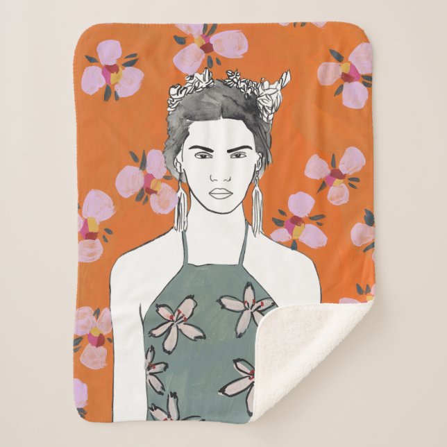 Manta Sherpa Dama de flores rosadas - Naranja (Anverso)