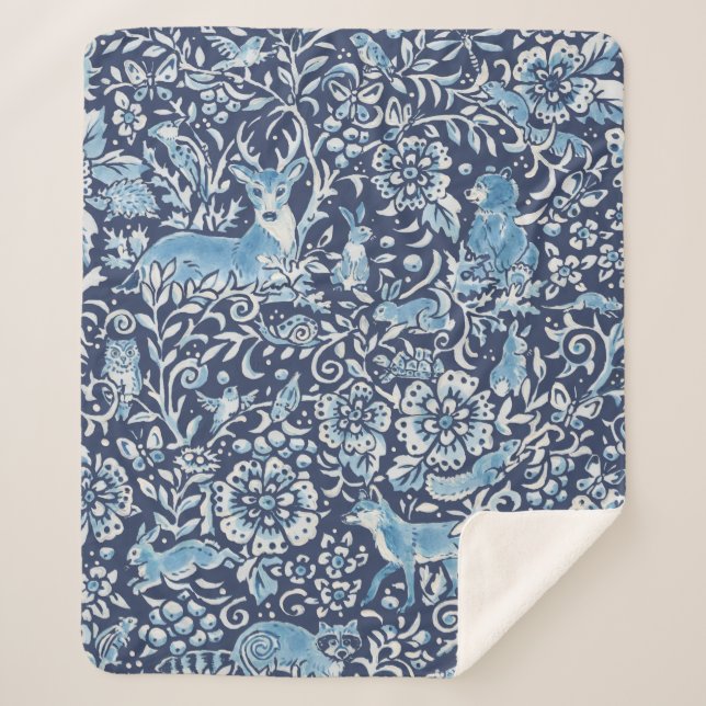 Manta Sherpa Dark Blue Woodland Animales Winter Rabbit (Anverso)