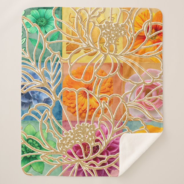 Manta Sherpa de Mosaico Floral Dorado (Anverso)