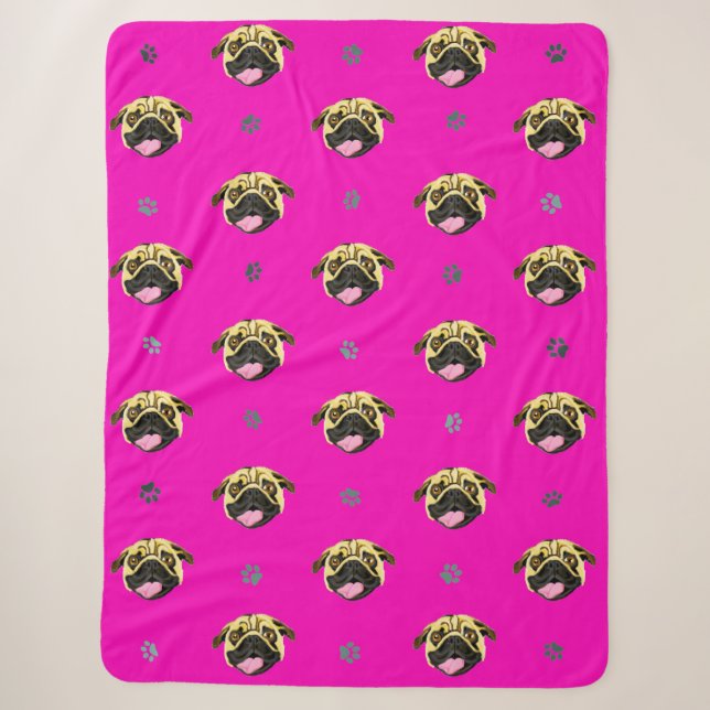 Manta Sherpa de Pug Rosa (Anverso)