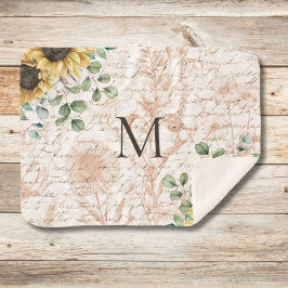 Manta Sherpa Decoupage de girasol rústico vintage con monograma