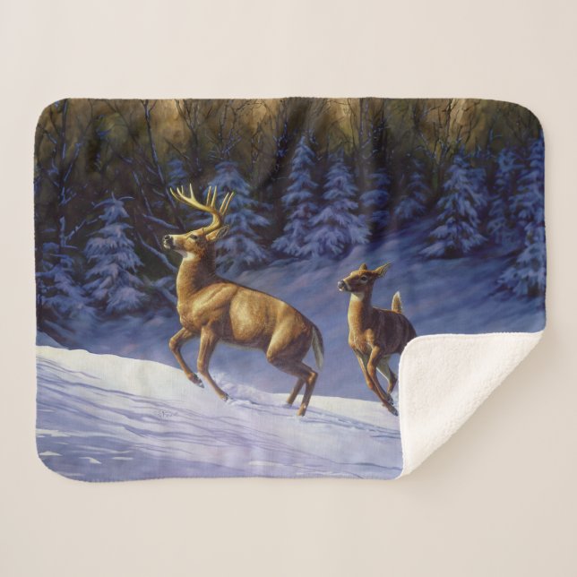 Manta Sherpa Deer blanco y perro en la nieve de invierno (Anverso (horizontal))