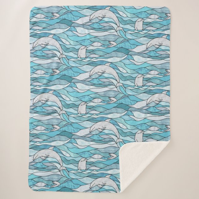 Manta Sherpa Delfines de vidrio manchado del océano azul (Anverso)