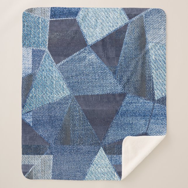 Manta Sherpa Denim Urban: Doloridos Parchwork a rayas. (Anverso)