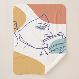 Manta Sherpa dibujo de líneas poster de la mujer tomando café